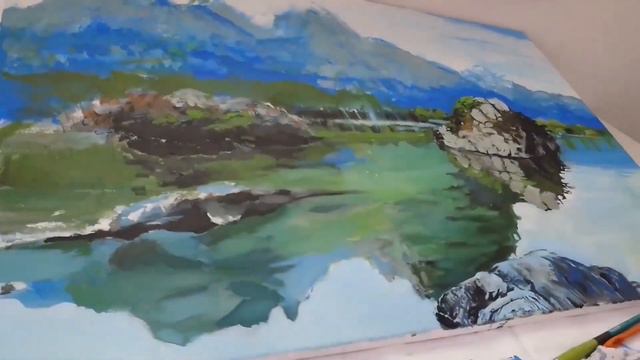Painting a picturesque landscape with a lake and mountains * How to paint landscape with acrylic смотреть онлайн