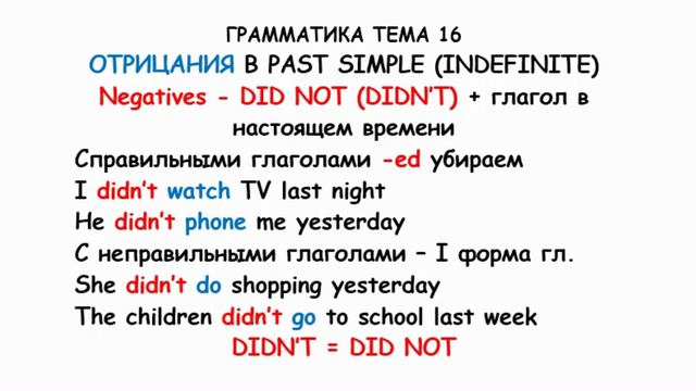 ГРАММАТИКА, ТЕМА 16, PAST SIMPLE (ОТРИЦАНИЯ) смотреть онлайн