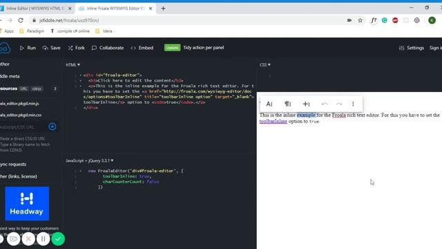 Inline Froala WYSIWYG Editor V3 JSFiddle смотреть онлайн