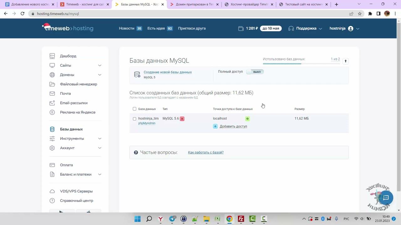 Хостинг Timeweb.ru. Работа с базами данных. 2023 год