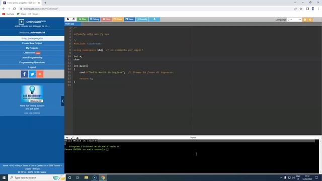 Primo programma in C++ su OnLineGDB смотреть онлайн