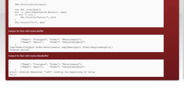 Difference in json.Unmarshal when using bytes.Buffer vs using *bytes.NewBuffer смотреть онлайн