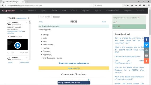List few Redis Datatypes.
| javapedia.net
