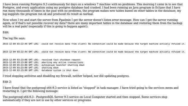Databases: Postgres develops server doesn't listen error spontaniously смотреть онлайн