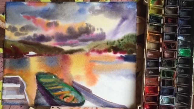 #DIY How to paint sunset landscape/ Watercolor Painting Techniques смотреть онлайн