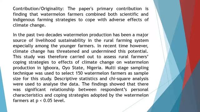 Rural Farmers’ Coping Strategies to Effects of Climate Change on Watermelon Production in Igboora, смотреть онлайн