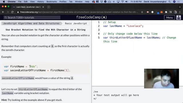 Use Bracket Notation to Find the Nth Character in a String (Basic JavaScript) freeCodeCamp tutorial смотреть онлайн