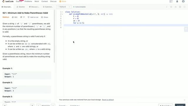 Leetcode 921. Minimum Add to Make Parentheses Valid Python Solution смотреть онлайн