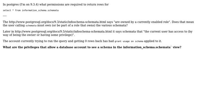 Databases: What permissions are required to return rows from information_schema.schemata? смотреть онлайн