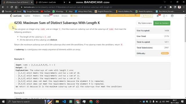 maximum sum of distinct subarrays with length K | Leetcode contest | python смотреть онлайн