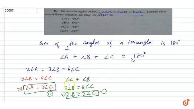 In a triangle ABC, `2/_A = 3/_B = 6/_C`. Then the smallest angle in the `DeltaABC` is смотреть онлайн