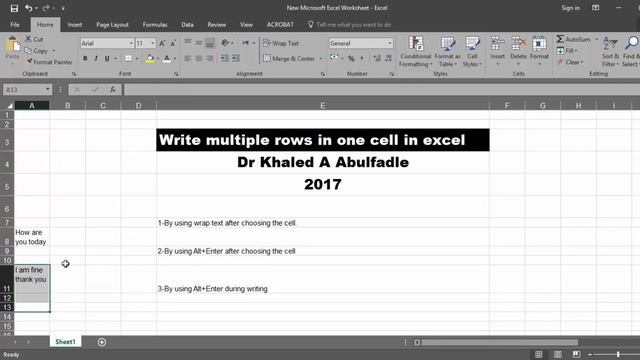 Write multiple rows in one cell in excel (12-2017) by Dr Khaled A Abulfadle (no sound) смотреть онлайн