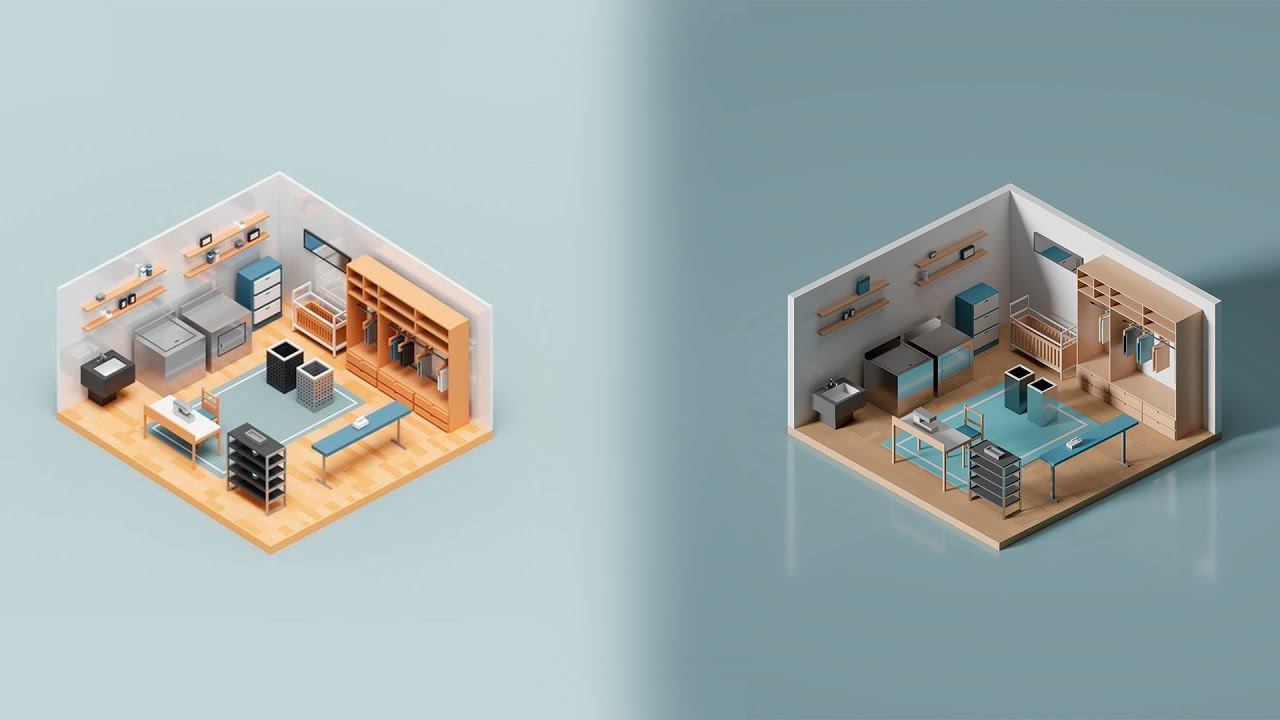 Изометрический лоуполи интерьер в SketchUp и V-ray | Isometric Lowpoly Interior SketchUp V-ray