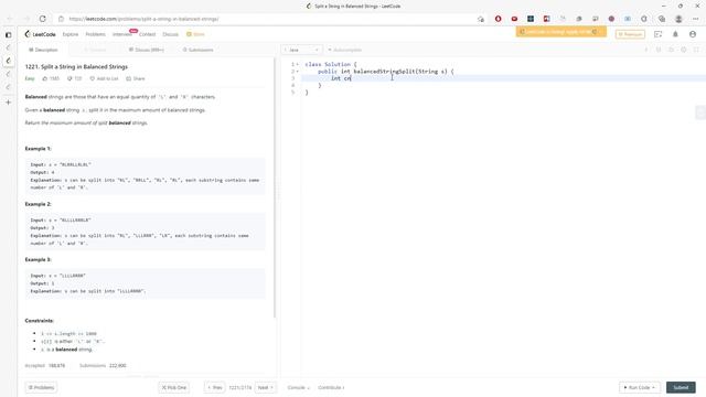 LeetCode 1221 | Split a String in Balanced Strings | Counting | Java смотреть онлайн