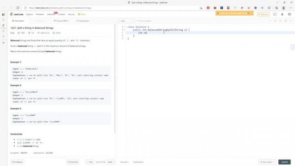 LeetCode 1221 | Split a String in Balanced Strings | Counting | Java