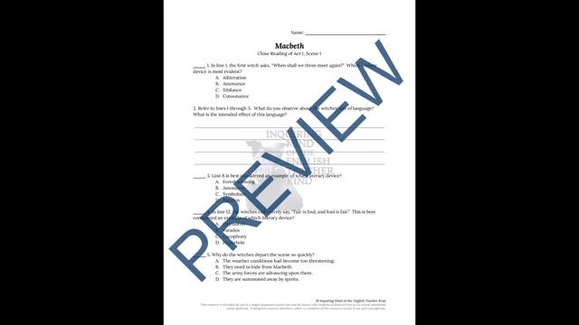Macbeth Act 1 Scene 1 Close Reading Worksheet