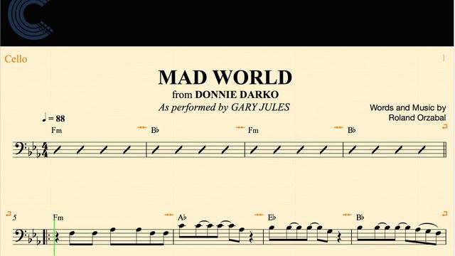 Cello - Mad World - Gary Jules - Donnie Darko - Sheet Music, Chords, & Vocals смотреть онлайн