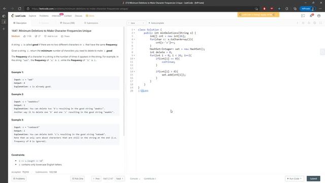 LeetCode 1647 | Minimum Deletions to Make Character Frequencies Unique | Counting Array | Java смотреть онлайн