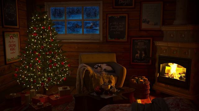 Christmas Fireplace Ambience In A Cozy Cabin - Relaxing Winter Sounds