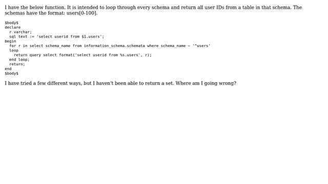 Returning setof derived from for loop in plpgsql смотреть онлайн