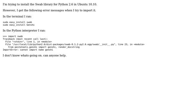 Ubuntu: "Cannot import name genshi" error when installing the Swab library смотреть онлайн