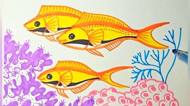 Рифовые рыбки - рисунок фломастерами и цветными карандашами. смотреть онлайн