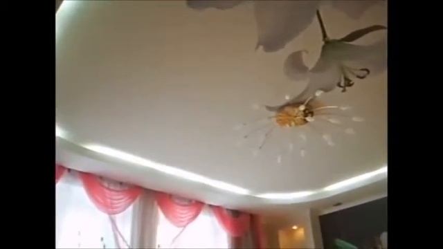 Белый Сатиновый натяжной потолок в Два уровня с Фотопечатью и межуровневой светодиодной подсветкой смотреть онлайн