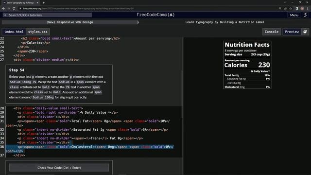 learn2code | freeCodeCamp (New) Responsive Web Design - Building a Nutrition Label: Step 54 смотреть онлайн