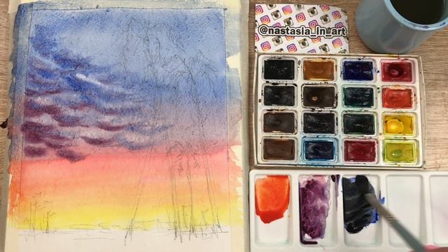 Силуэты пальм. Пейзаж. Урок акварели. смотреть онлайн