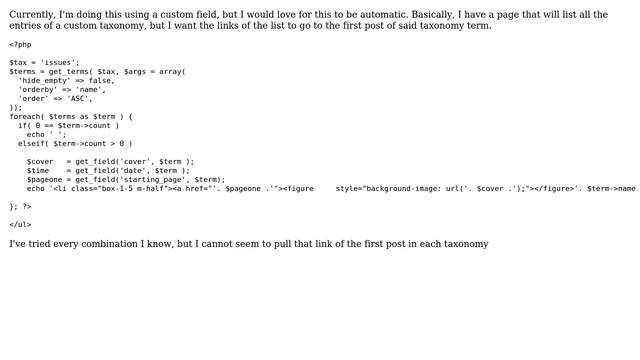 Wordpress: Get the link of the first post of a custom taxonomy in a custom taxonomy list смотреть онлайн