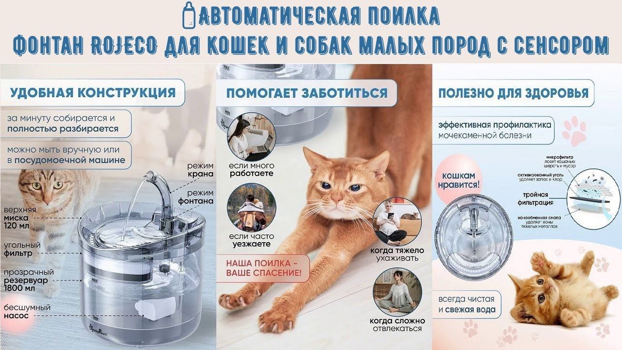 🍼Автоматическая поилка фонтан ROJECO для кошек и собак малых пород с сенсором смотреть онлайн