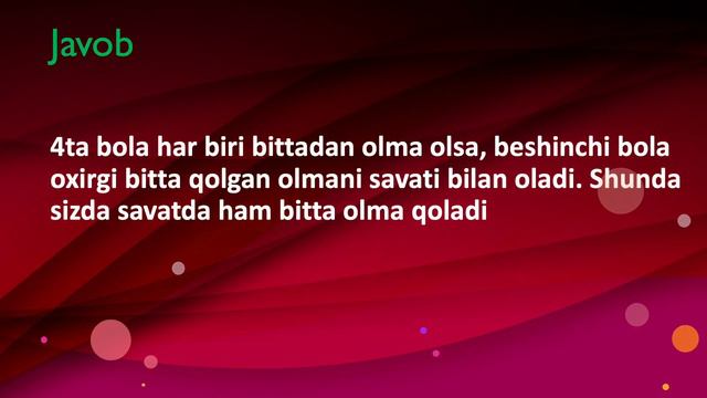 Mantiqiy Savol: 5 Ta Olma 5ta Bola. Ajoyib Mantiqiy Savol @boshqotirma