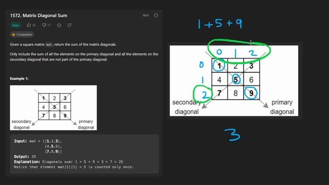 Matrix Diagonal Sum - Leetcode 1572 - Python смотреть онлайн
