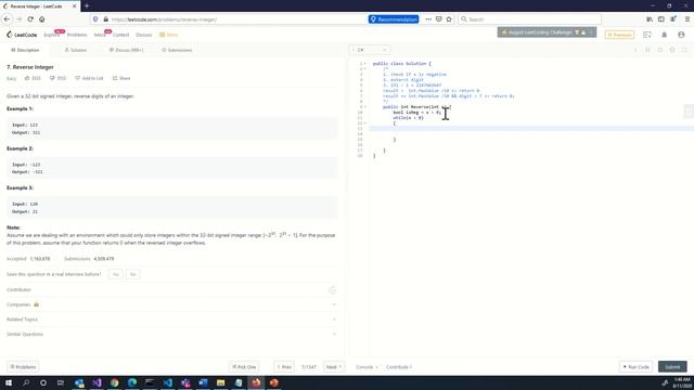 LeetCode Reverse Integer Faster than 91 17% c# submissions and memory usage less than 98 42% смотреть онлайн