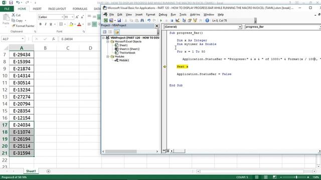 PART 120 - HOW TO DISPLAY STATUS PROGRESS BAR WHILE RUNNING THE MACRO IN MS EXCEL (TAMIL) смотреть онлайн