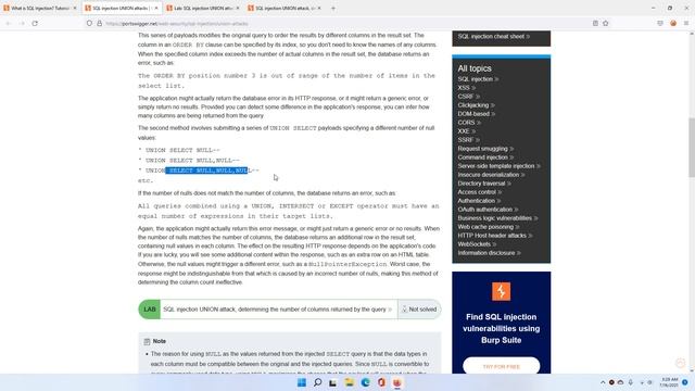 SQL injection UNION attack, determining the number of columns returned by the query| PortSwigger We смотреть онлайн