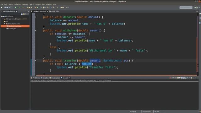 Bank account with transfer feature - Java Example смотреть онлайн