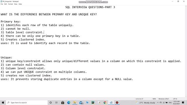 SQL INTERVIEW QUESTION- Difference Between Primary Key & Unique Key смотреть онлайн