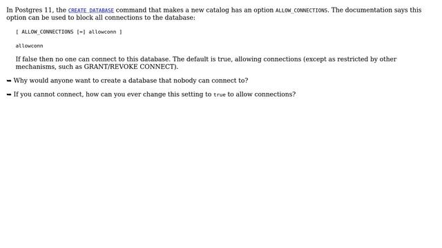 What is purpose of `ALLOW_CONNECTIONS` being set so no one can connect to the new Postgres... смотреть онлайн