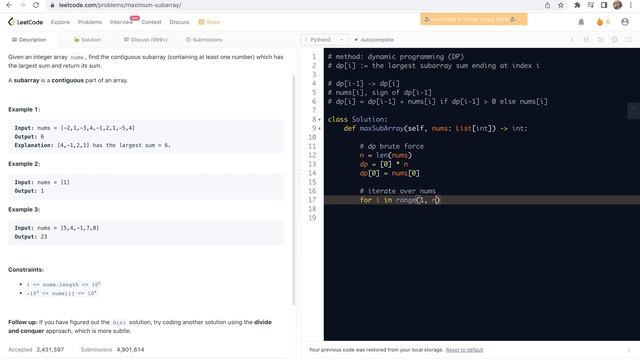 Leetcode 53. Maximum Subarray - Dynamic Programming or Kadane's algorithm смотреть онлайн