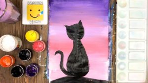 Как нарисовать черного  КОТИКА на  ЗАКАТЕ / Красивый рисунок/ Урок рисования для детей 9 лет