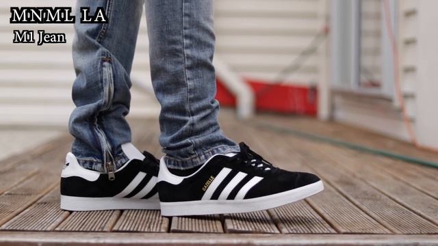 Adidas Gazelle (Black/White) On Feet with Different Pants and Close Up смотреть онлайн