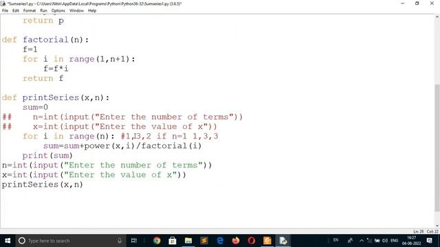 Function to obtain sum n terms of the given series for any positive integer of X 1+x/1!+x2/2!+x3/3! смотреть онлайн