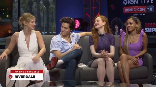 Lili Reinhart, Cole Sprouse, Madelaine Petsch And Vanessa Morgan Impersonating Cheryl Blossom