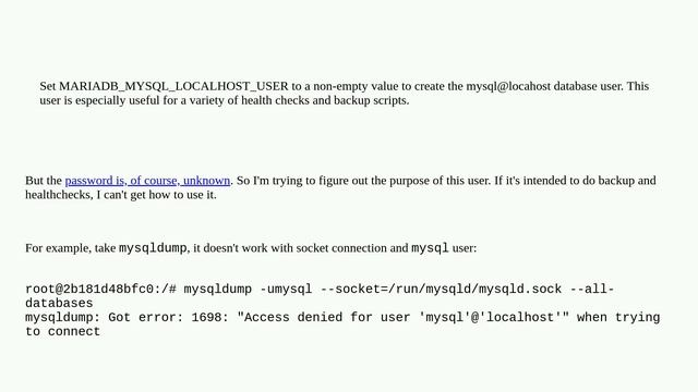 What's the purpose of mysql@localhost (password unknown) created by the MariaDB docker image? смотреть онлайн