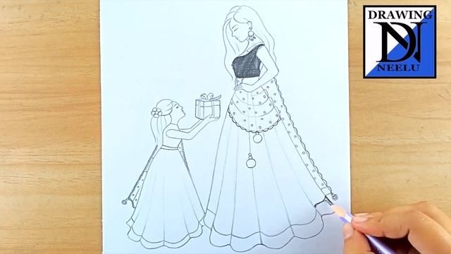 A traditional Mom and daughter celebrate New Year || Pencil sketch for beginner || New year drawing смотреть онлайн
