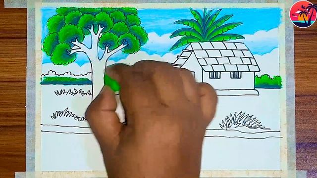 How to draw Indian village scenery my village drawing competition | Landscape drawing with nature смотреть онлайн