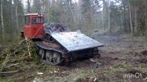 Уборка делянки трелевочным трактором ТДТ55 с самодельным приспособлением.