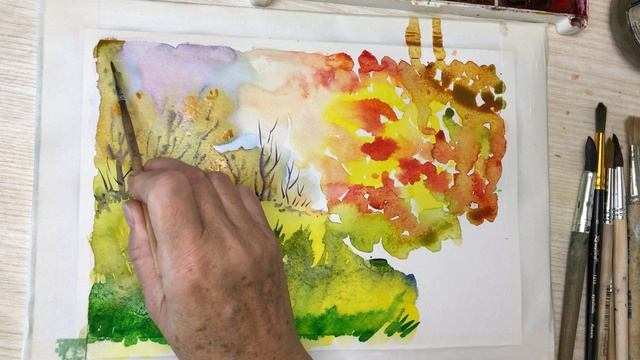 Осенняя фантазия. Приемы работы акварелью по сырому, от цветового пятна смотреть онлайн