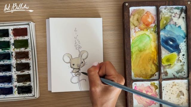 УРОК РИСОВАНИЯ / АКВАРЕЛЬ / Рисуем акварельную открытку с мышонком на лаванде ? смотреть онлайн